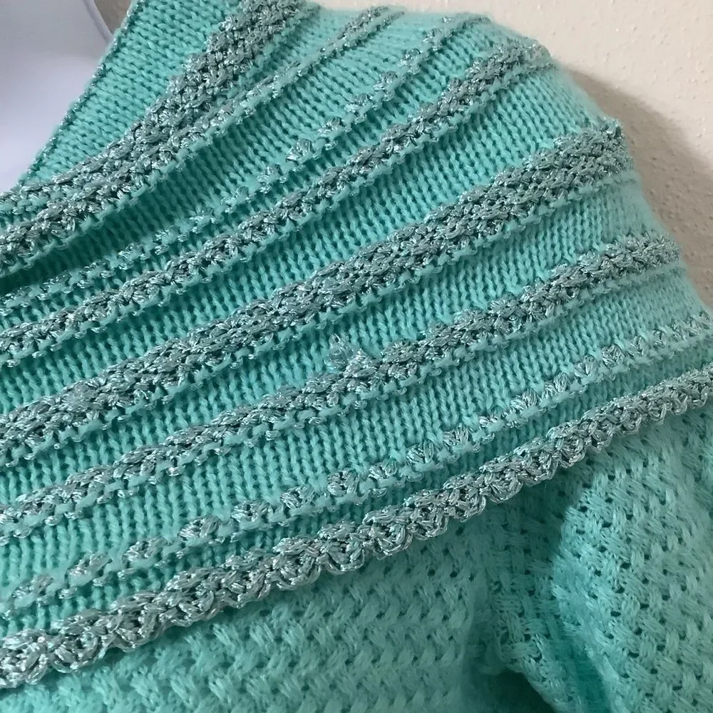 Teal Retro Wintercore‎ Cabincore Holiday Feminine Winter Sparkly Knit Sweater XS